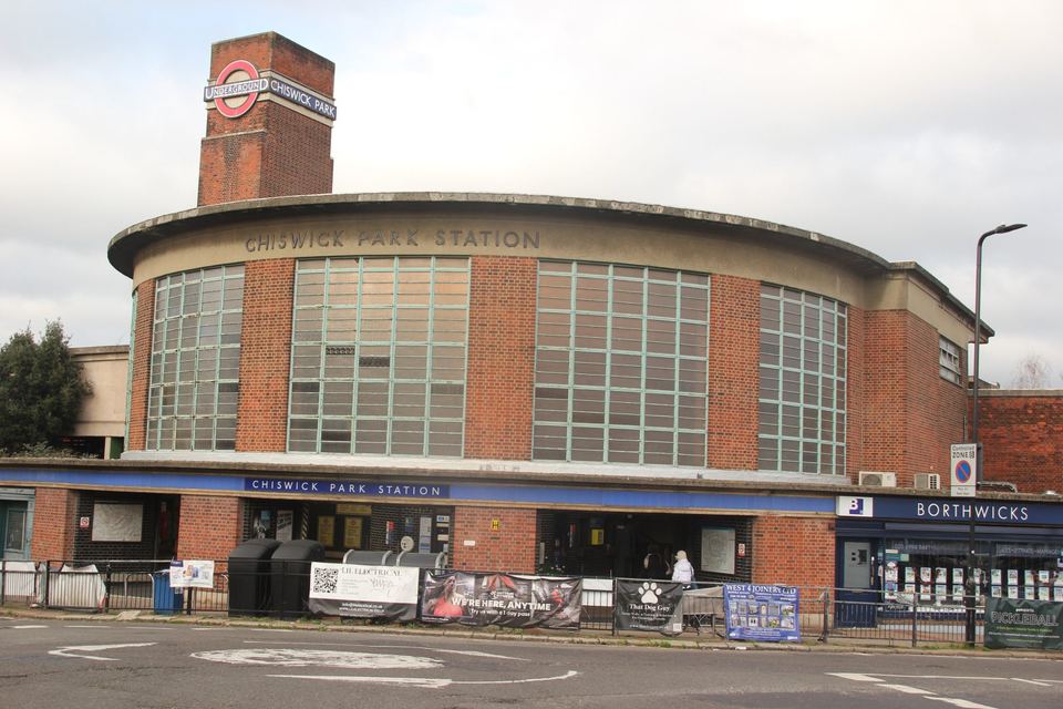 Exterior view of Chiswick Park Underground Station building in London