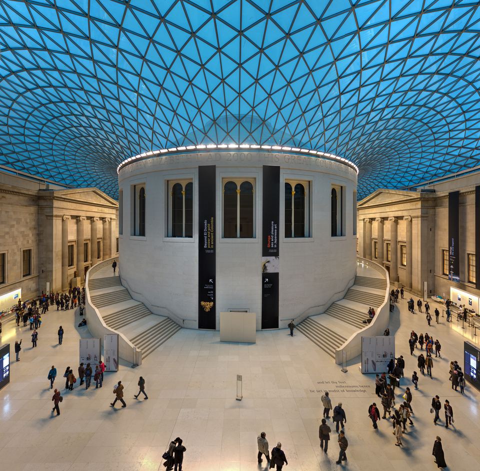 High angle view of the British Museum Great Court and glass canopy roof.