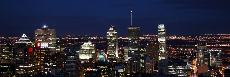 A night panorama showing illuminated city skyscrapers under a dark sky.