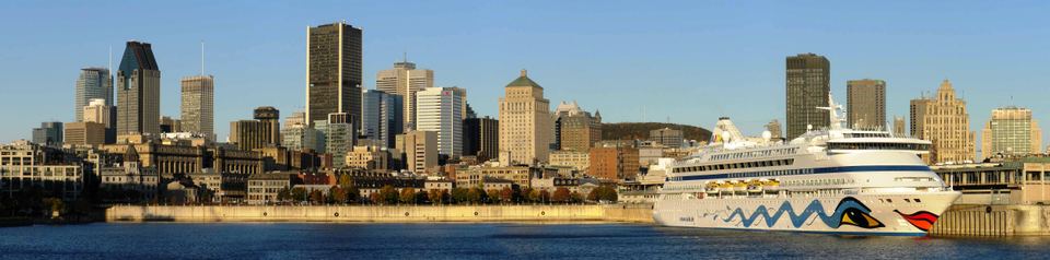 Wide panorama of a cruise ship docked in front of city tall buildings.