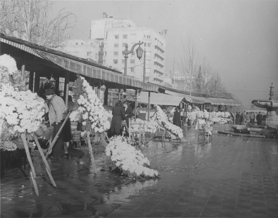 Black and white photograph of an outdoor flower market on a city sidewalk in Chile