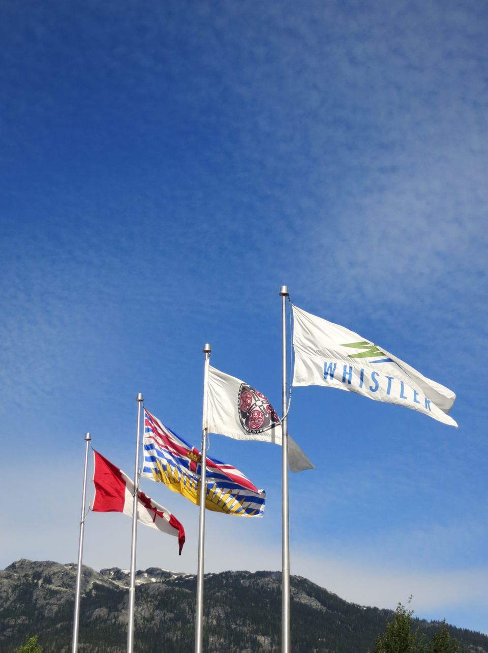 Four flags waving on tall flagpoles against a blue sky with mountains in the background.