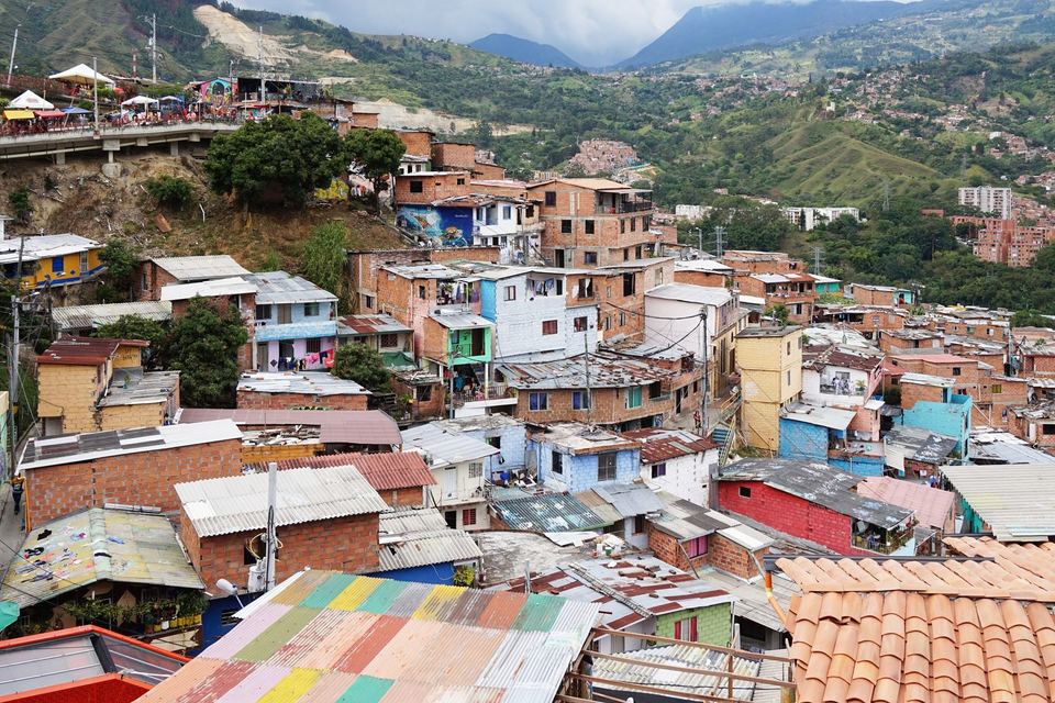 Rooftops, terraces and painted walls in Comuna 13, Medellin