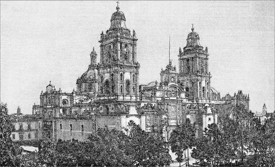 Black and white line engraving of a grand cathedral with twin bell towers.