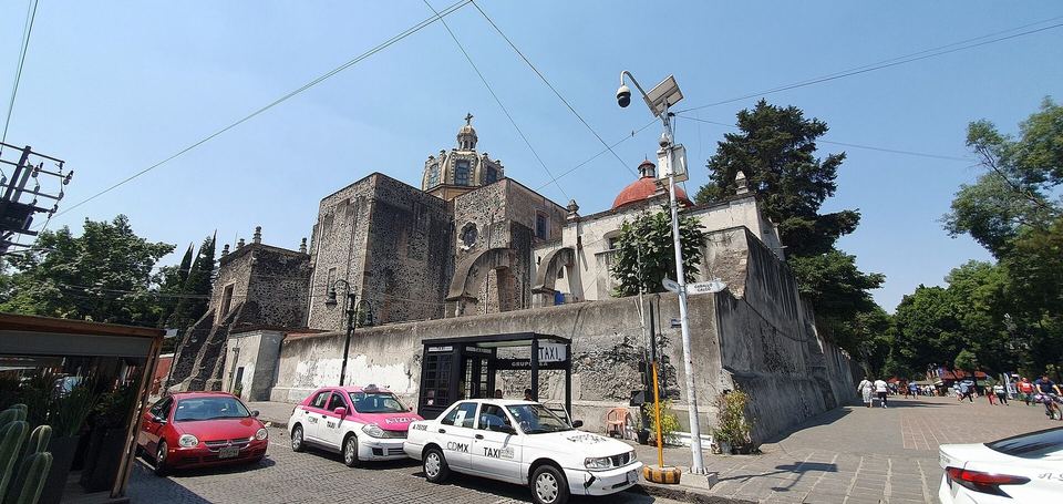 The church of San Juan Bautista in Coyoacan seen from the street