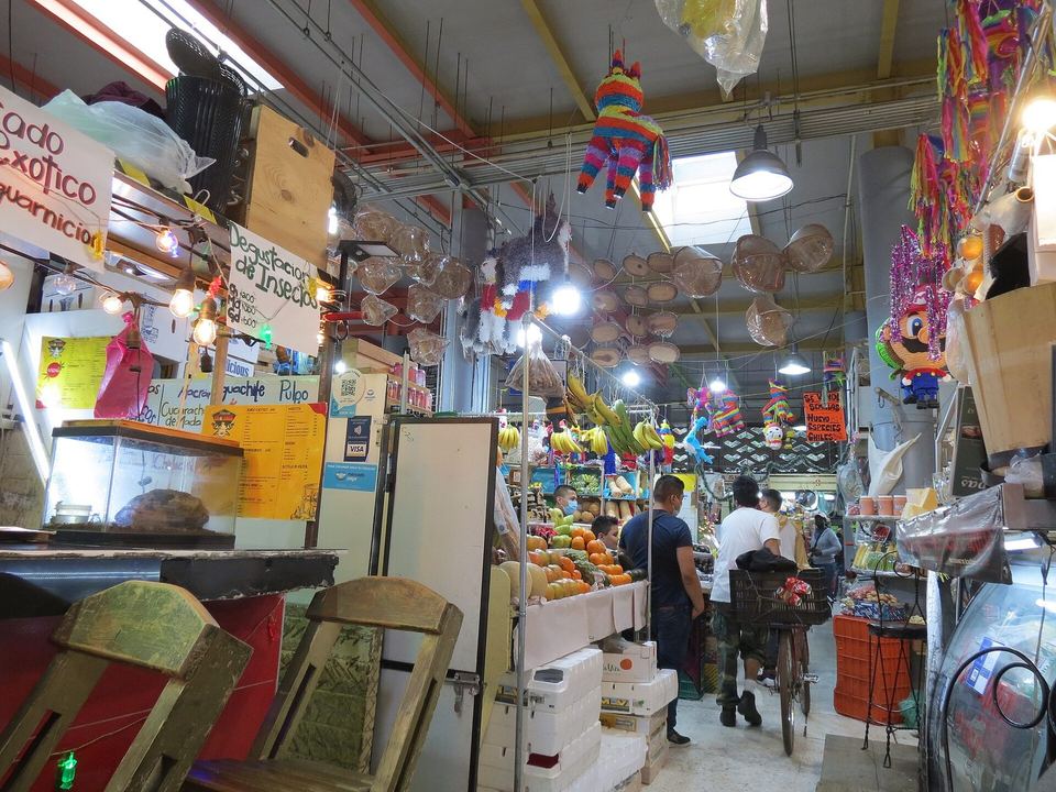 Stalls of produce and hanging pinatas inside Mercado de San Juan