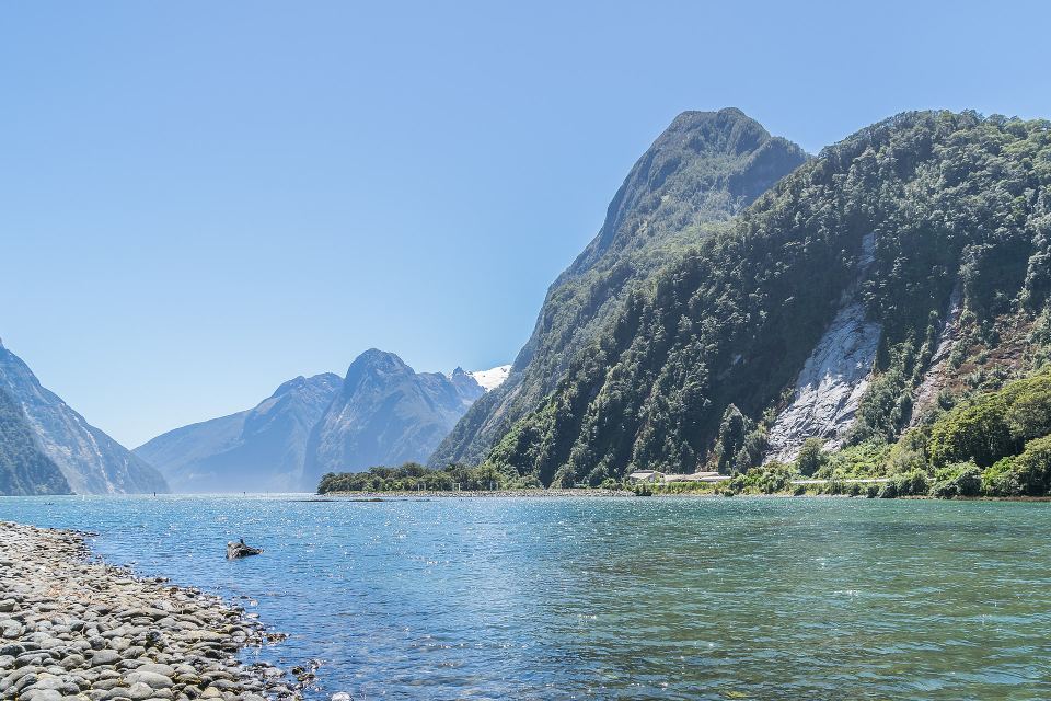 Towering green mountain peak sloping steeply down into clear turquoise fjord waters.