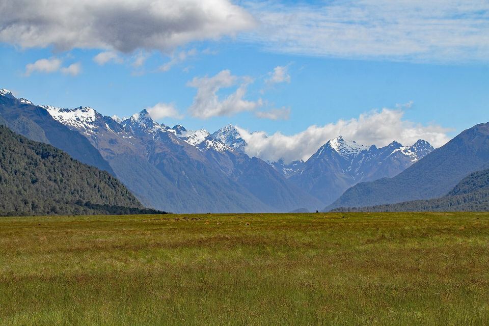 A wide glacial valley of grass flats and beech forest in Fiordland.