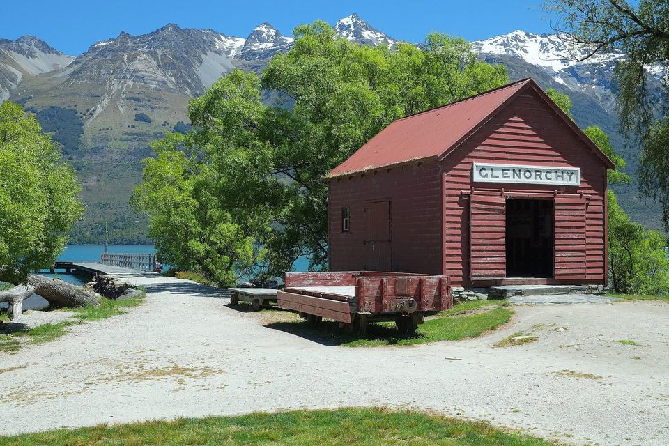 The wharf and red shed at Glenorchy at the head of Lake Wakatipu.