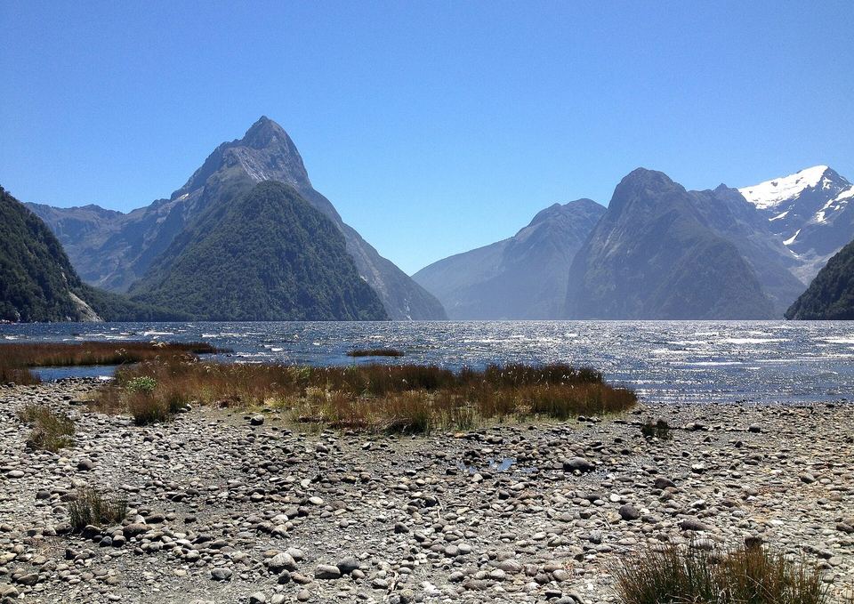 Mitre Peak rising steeply out of the water at Milford Sound.