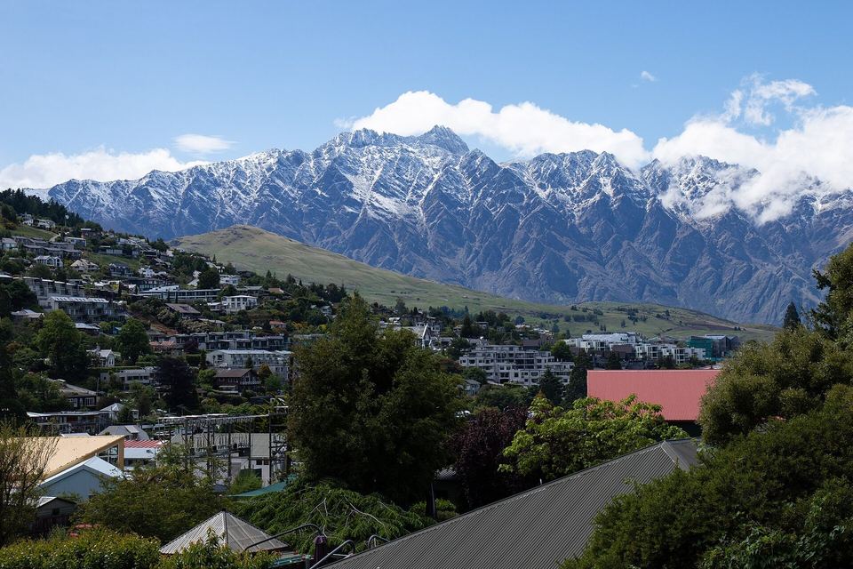 The Remarkables mountain range rising behind Lake Wakatipu at Queenstown.