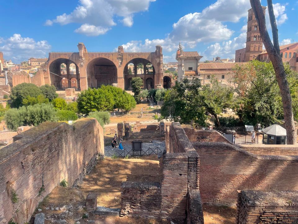 elevated panoramic ancient ruins in Roman Forum, Rome