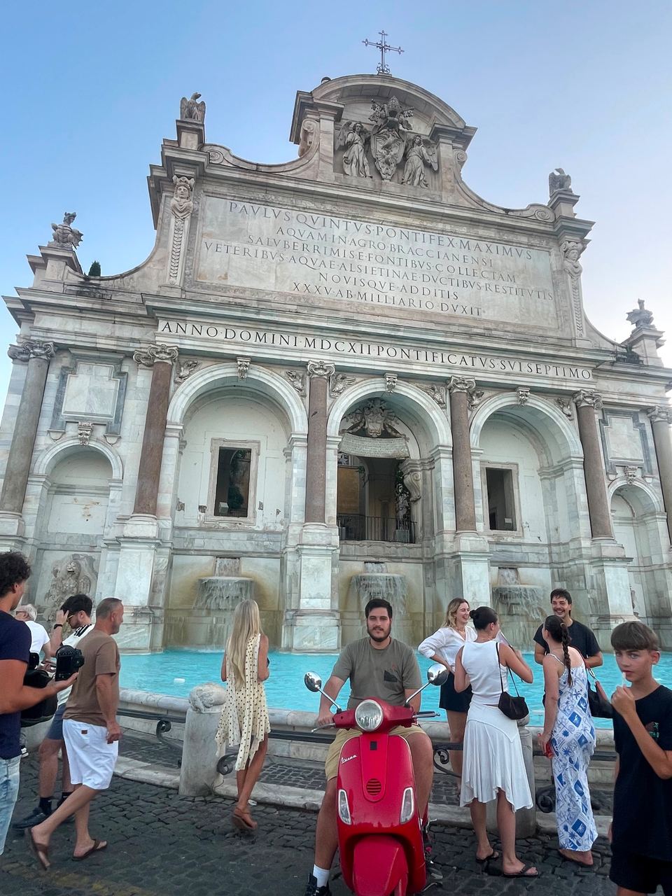 monumental fountain with red vespa in Fontana dell'Acqua Paola, Rome