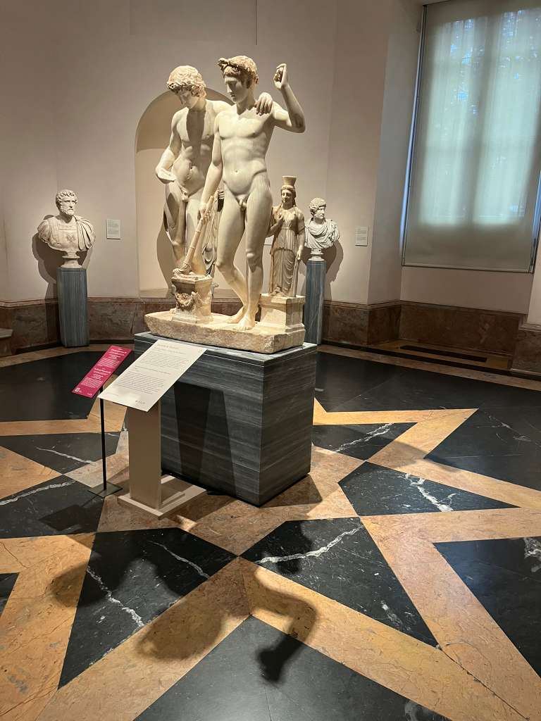 A white marble Roman sculpture of two male figures standing on a star-patterned marble floor.