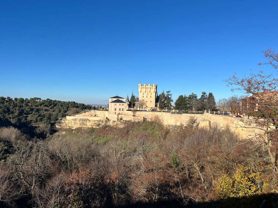 A historic stone castle perched atop a rocky cliff surrounded by trees under a clear sky.