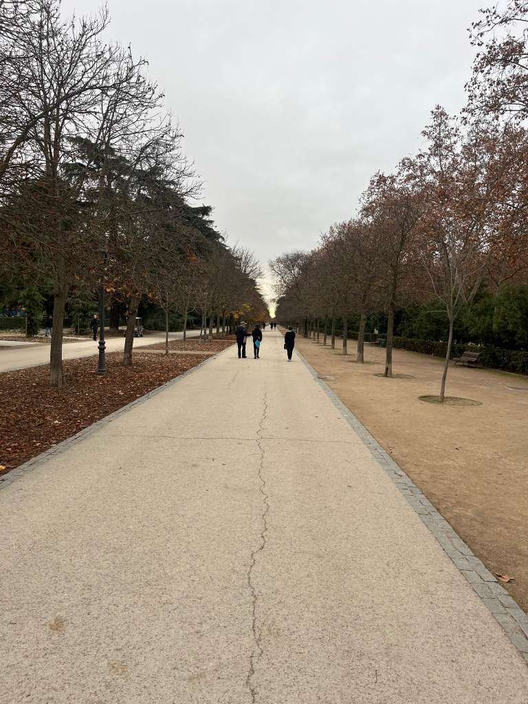 A wide gravel promenade flanked by trees stretching into the distance with distant walkers.