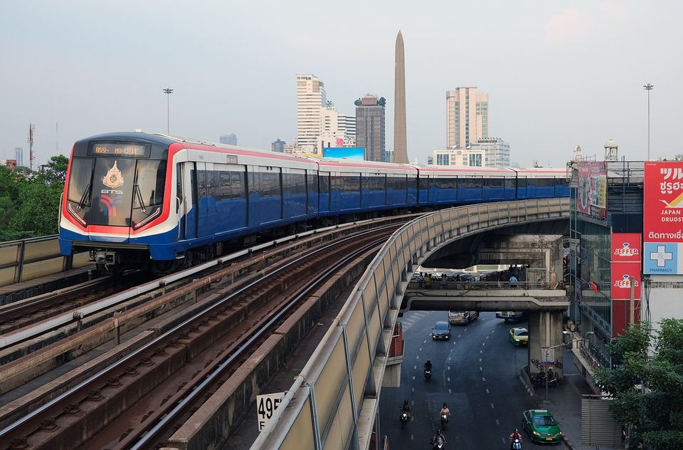 A BTS Skytrain train on the elevated track above a Bangkok road, with the city skyline behind