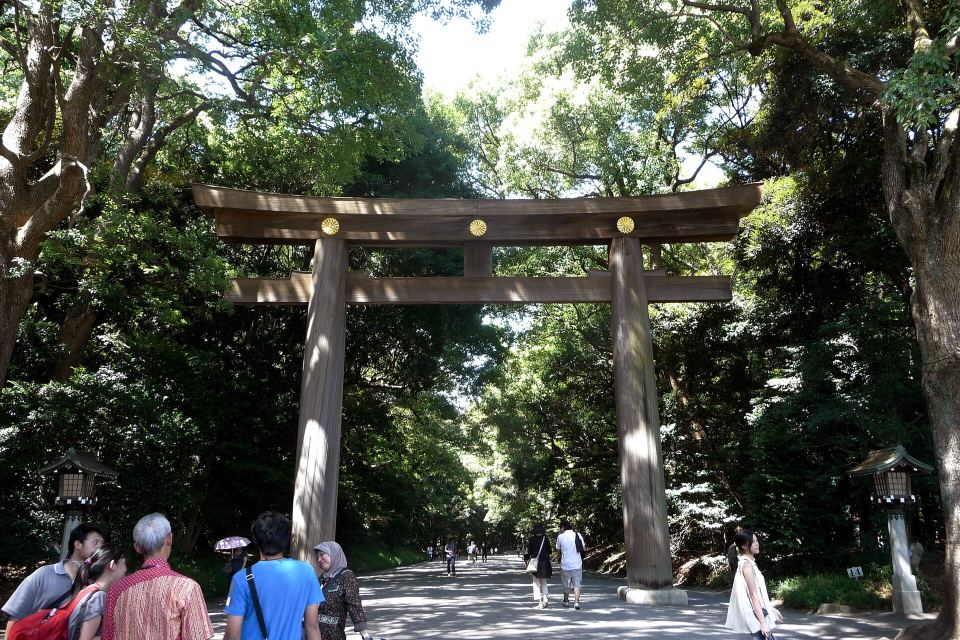 Sunlight shining on a large wooden torii gate over a wide gravel path in a forest.