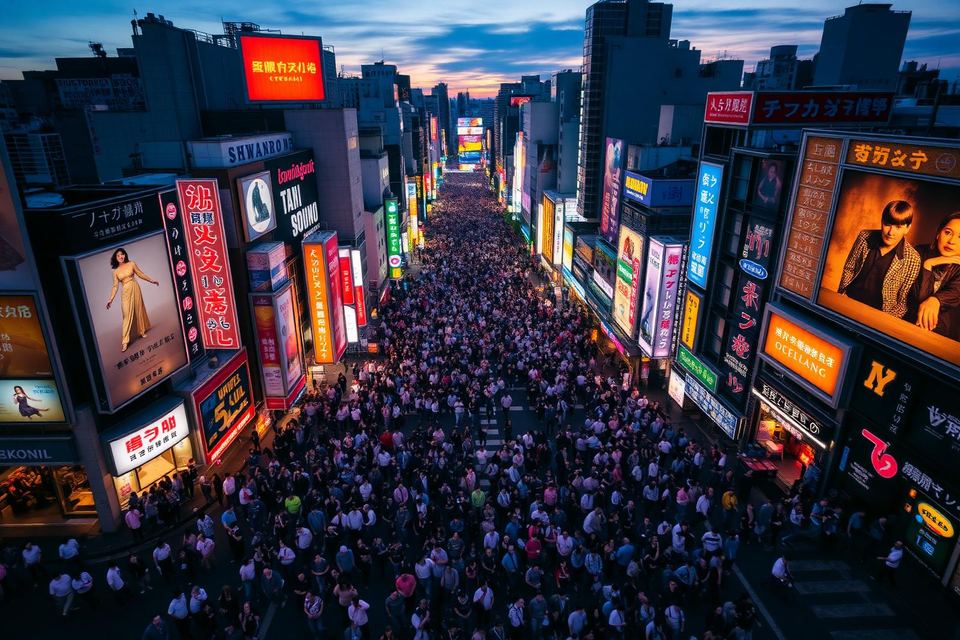 A packed pedestrian street in Shibuya lit by neon signage at dusk.