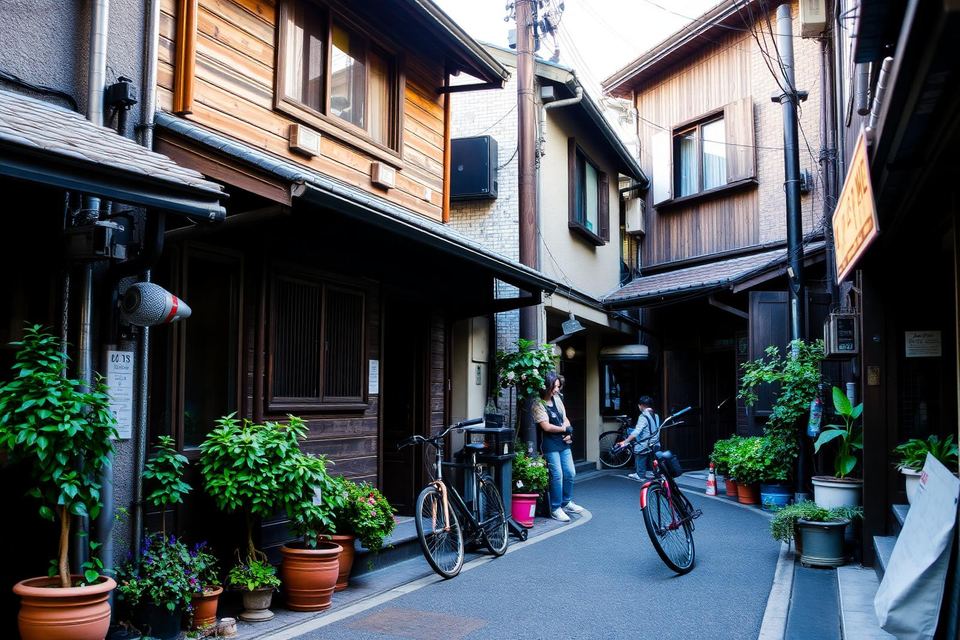 A quiet residential backstreet with wooden houses, bicycles and potted plants.