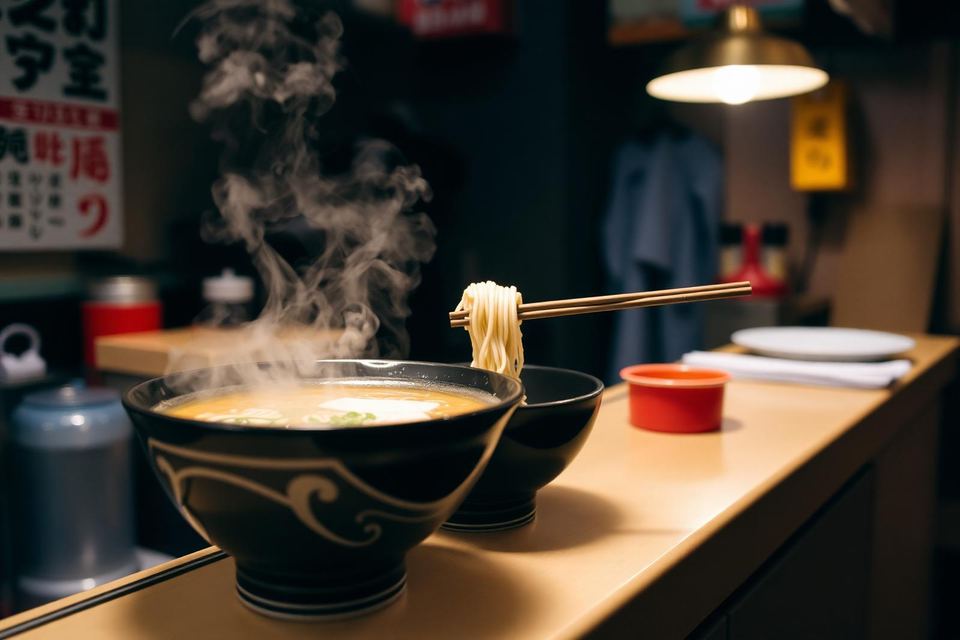 A steaming bowl of ramen with noodles lifted by chopsticks at a counter.