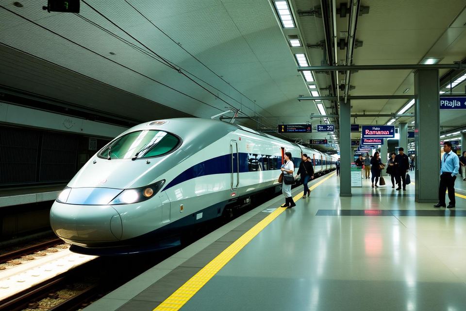 A shinkansen bullet train waiting at a station platform.