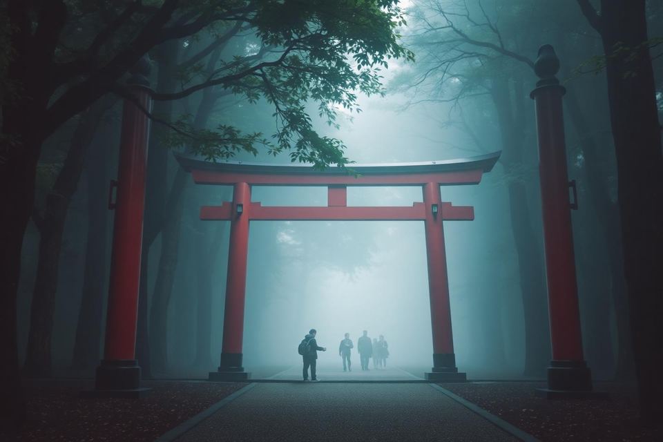 A large torii gate in misty forest with figures walking beneath it.