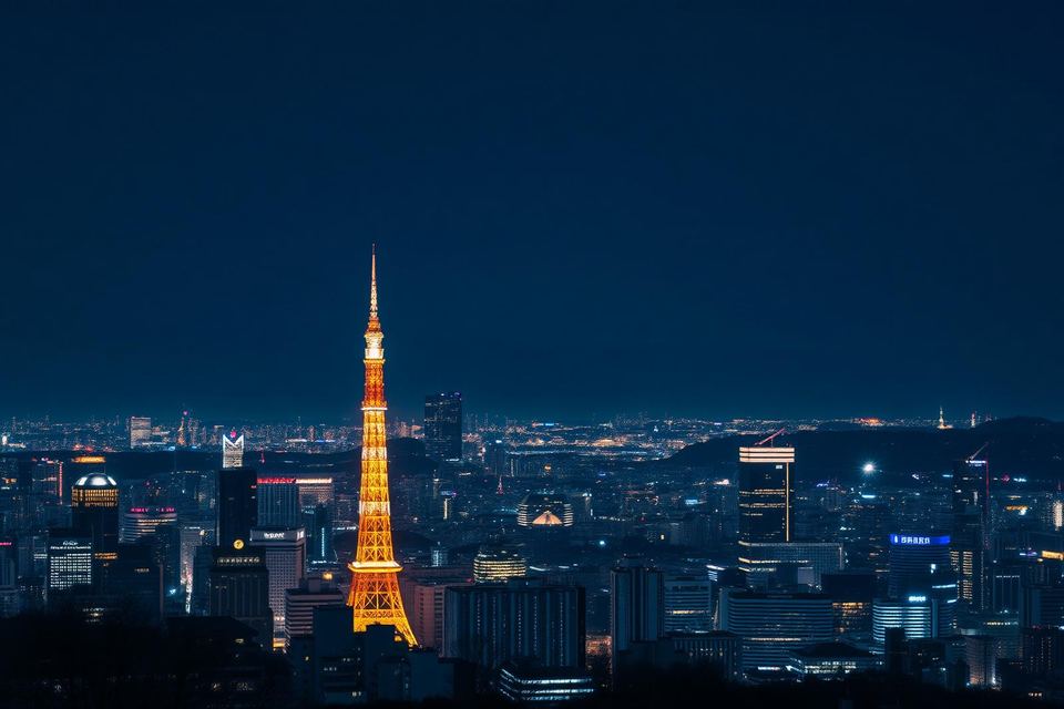 Tokyo at night with an illuminated orange tower rising above the city.