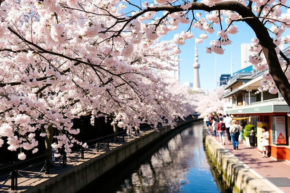 Cherry blossoms hanging over a canal with the Tokyo skyline behind.