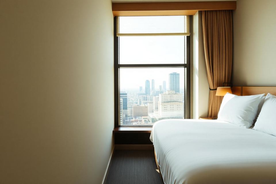 A compact hotel room with a made bed and a window overlooking the city.