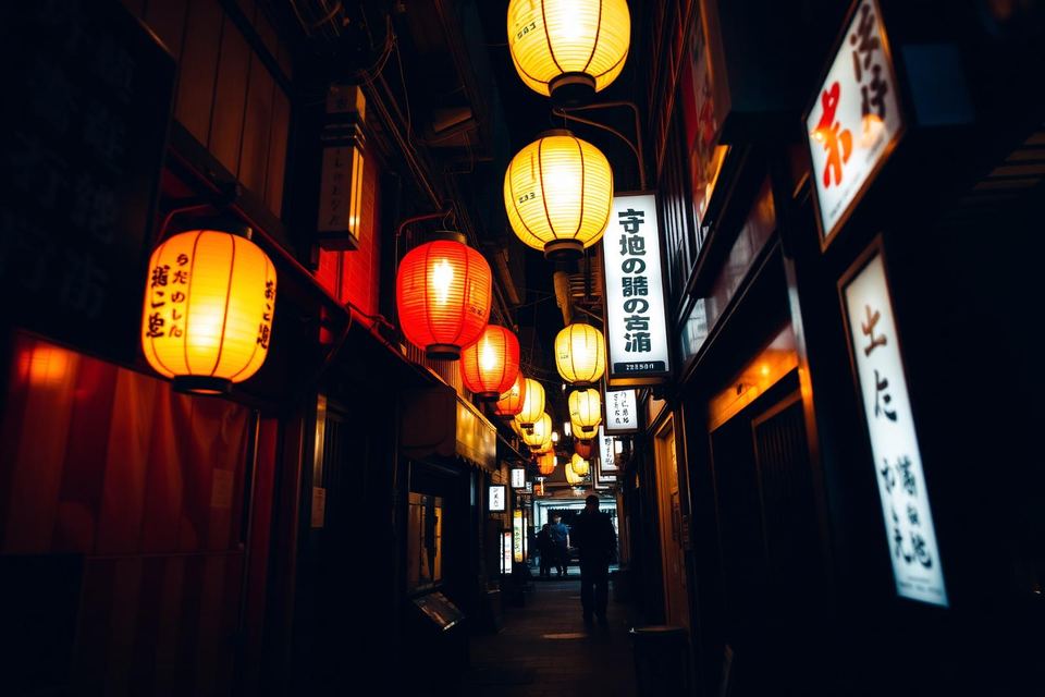 A narrow alley strung with glowing paper lanterns at night.
