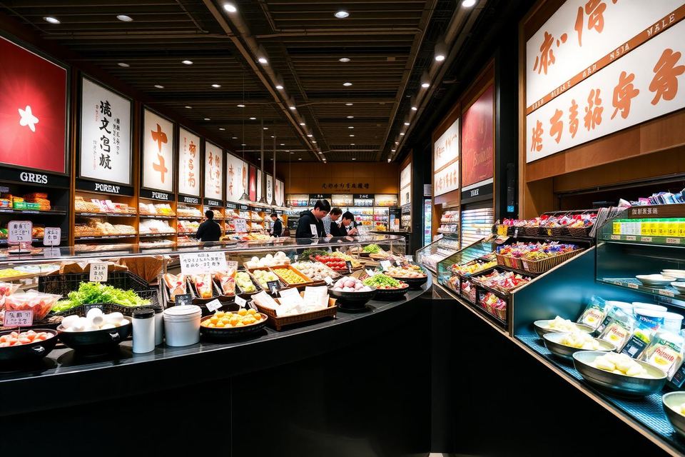 A department store food hall counter filled with prepared dishes and sweets.