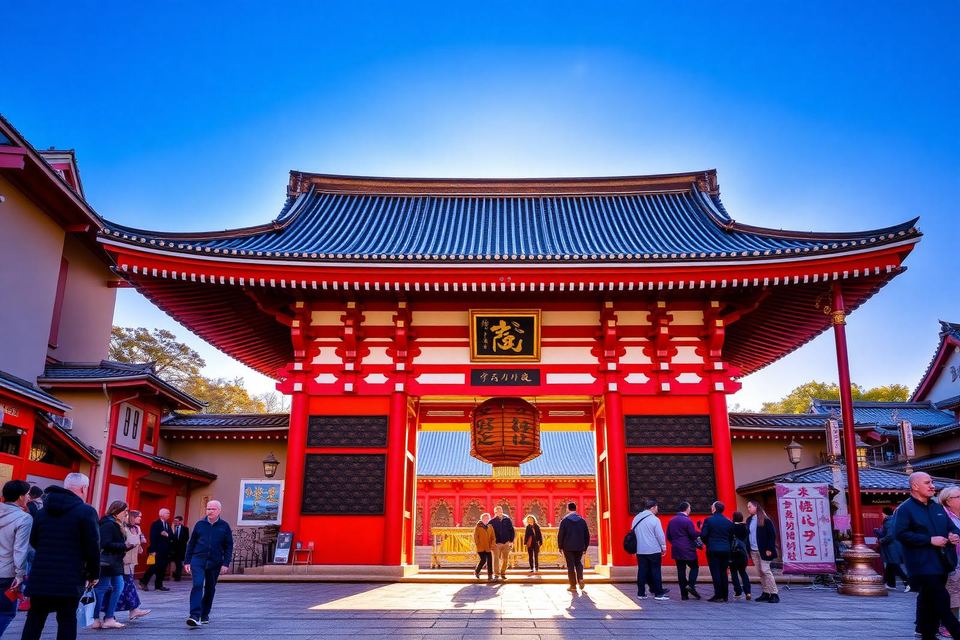 The red gate of Sensoji temple in Asakusa with visitors passing beneath.