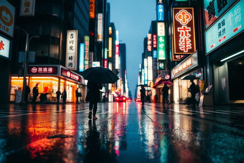 A person with an umbrella crossing a neon-lit street reflected in wet asphalt.